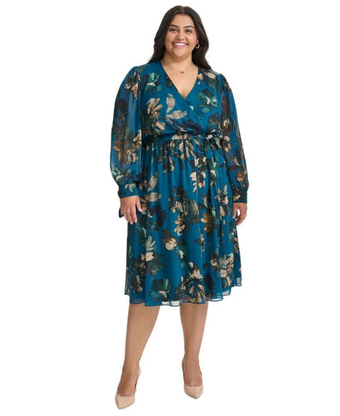 Plus Size Printed Long-Sleeve A-line Midi Dress