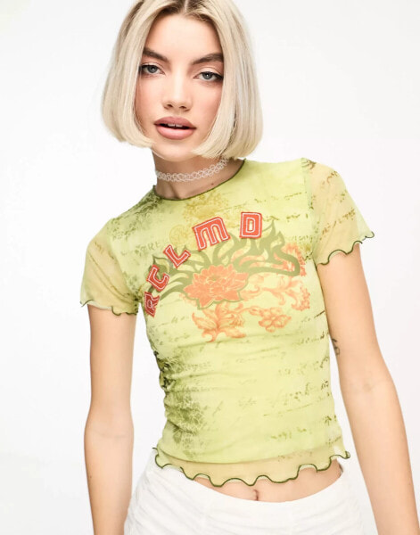 Reclaimed Vintage mesh layer baby tee in green print