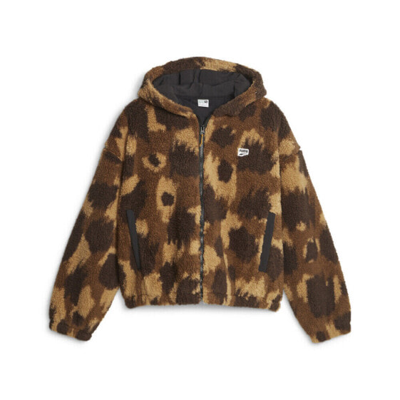 Верхняя одежда PUMA Куртка Downtown Animal Print Sherpa с полной молнией для женщин Черная Casual Athletic