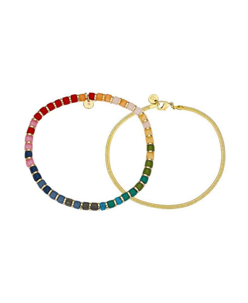 Multi Color Bead and 14K Gold Plated Bracelet Set, 2 Pieces