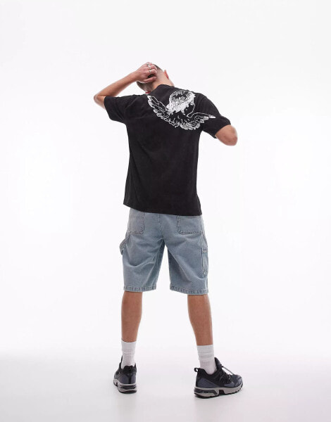 Topman extreme oversized fit t-shirt with angel front and back print in washed black