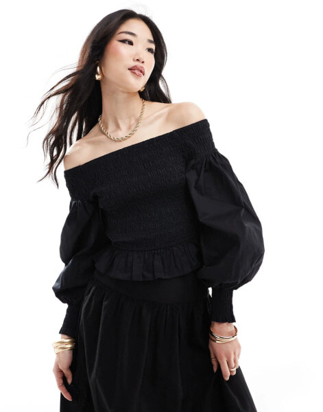 Nobody's Child Amanda off shoulder smock top co-ord in black