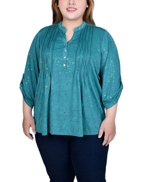 Plus Size 3/4 Sleeve Roll Tab Y Neck Top