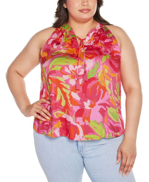 Black Label Plus Size Abstract Floral Tie-Neck Sleeveless Top