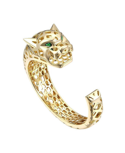 Luxurious 14k Gold Plated Sterling Silver Jaguar Open Cuff Bangle Bracelet with Emerald Cubic Zirconia
