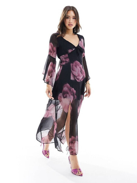 Miss Selfridge chiffon flared sleeve godet maxi dress in blurred floral