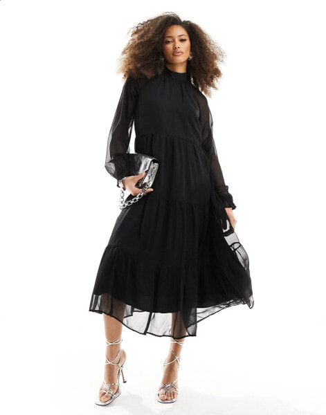 Y.A.S tiered frill detail maxi dress in black