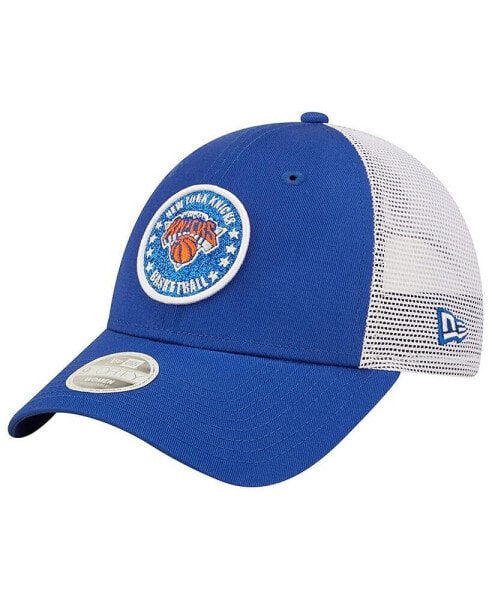 Women's Blue, White New York Knicks Glitter Patch 9FORTY Snapback Hat