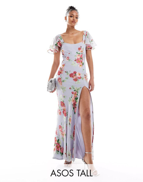 ASOS DESIGN Tall flutter sleeve maxi dress with lace insert in blue burnout floral print