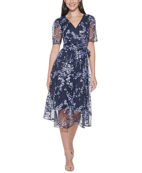 Faux-Wrap Embroidery Midi Dress