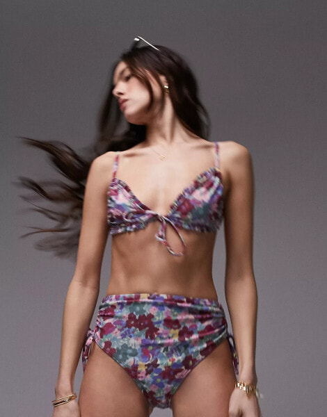 Topshop mix and match frill tie front triangle bikini top in blurred floral print