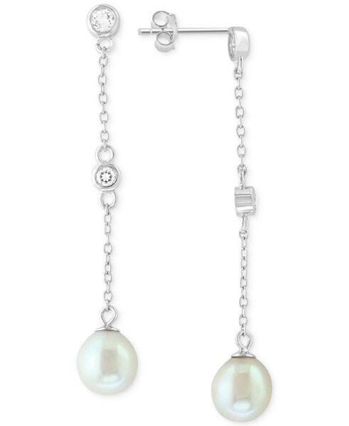 EFFY® Freshwater Pearl (7mm) & White Topaz (1/5 ct. t.w.) Linear Drop Earrings in Sterling Silver