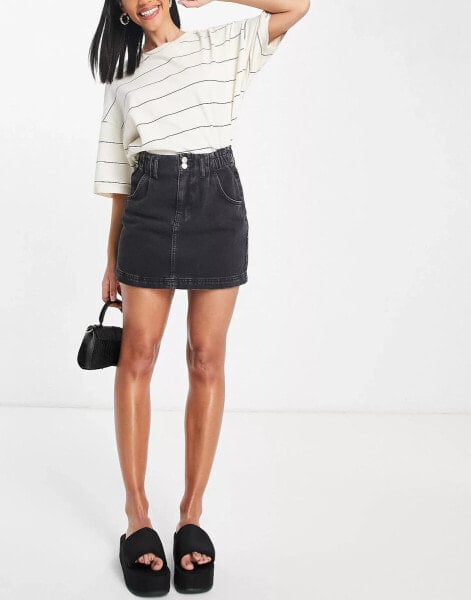 Topshop paperbag denim skirt in washed black