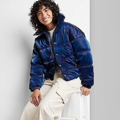 Women's Iridescent Shine Duvet Puffer Jacket - Wild Fable Navy Blue XXS