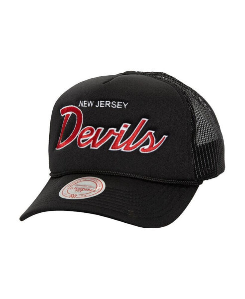 Mitchell Ness Men's Black New Jersey Devils Script Side Patch Trucker Adjustable Hat