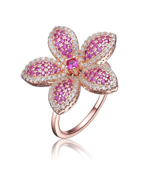 Sterling Silver 18K Rose Plated Clear and Ruby Cubic Zirconia Flower Coctail Ring