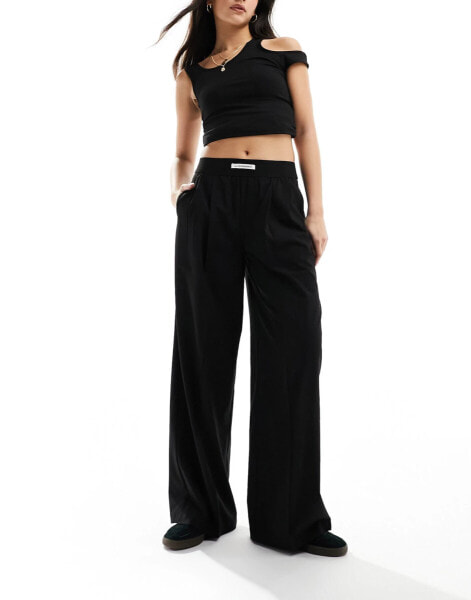 Bershka deep waistband wide leg trousers in black