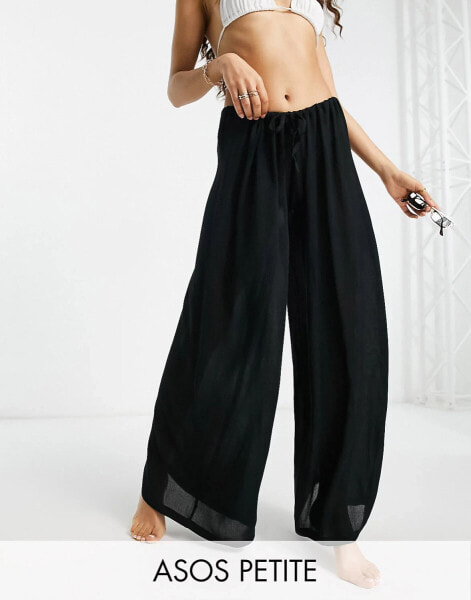 ASOS DESIGN Petite drawstring palazzo beach trouser in black