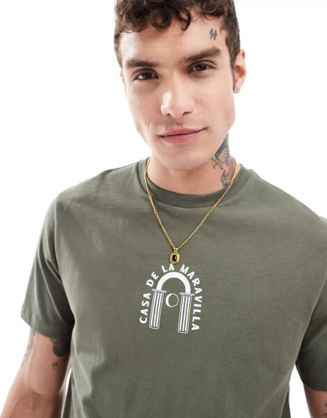 ASOS DESIGN standard t-shirt in khaki with chest print