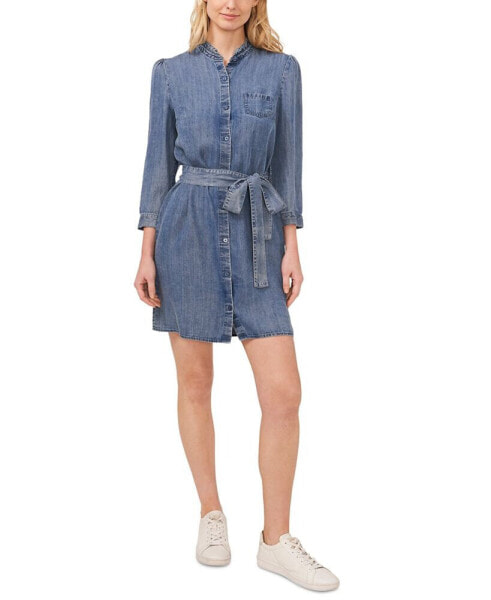 Women's Denim Tie Waist Button Front Shirtdress