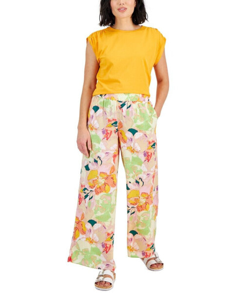Petite Floral Smocked-Waist Wide-Leg Pull-On Pants, Created for Macy's