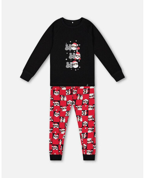 Little Boys Organic Cotton Two Piece Pajama Set Red Printed Santa - Toddler|Child