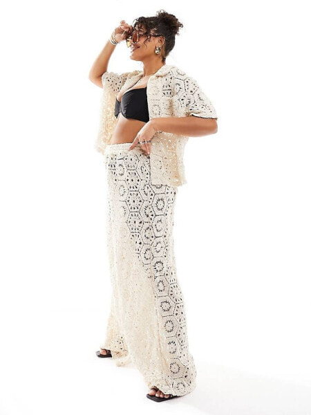 South Beach Curve crochet beach trouser co-ord in cream