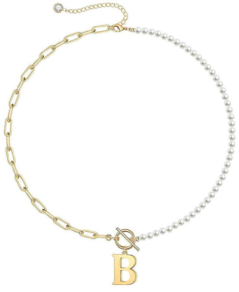 14K Gold Plated Initial Imitation Pearl Link Chain Necklace
