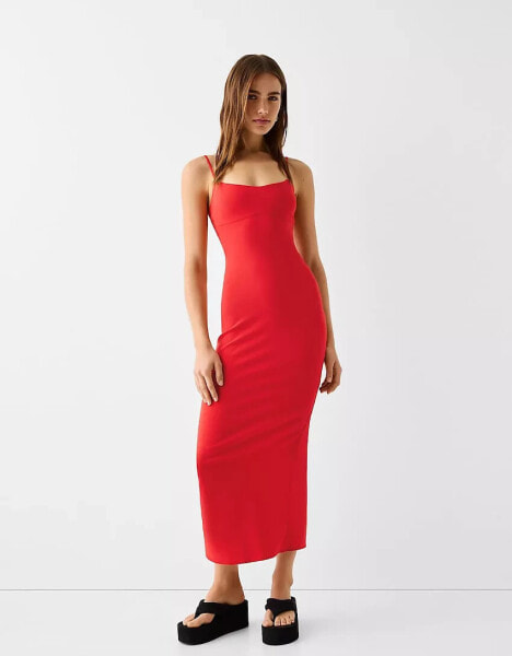 Bershka bengaline strappy maxi dress in red