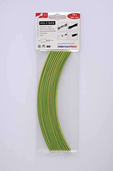 Термоусадочные трубки 3:1, зеленый/желтый, набор 12 мм 4 шт HellermannTyton 308-31217