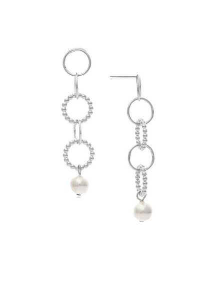 Rhodium Circle Link and Synthetic Pearl Drop Earrings