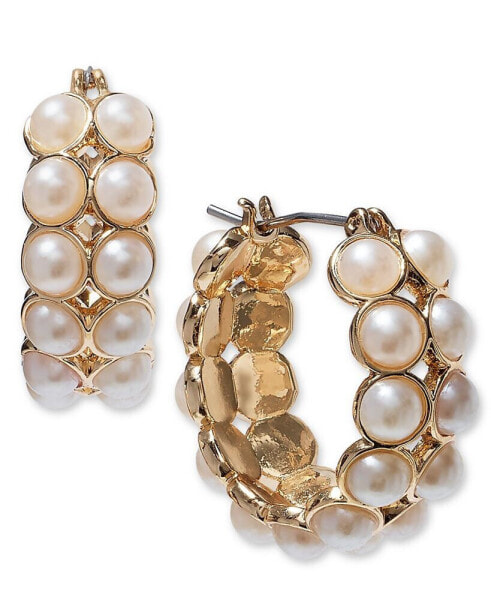 Gold-Tone Small Imitation Pearl Double-Row Hoop Earrings, 0.85", Created for Macy's