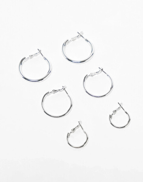 Monki 3 pack hoop earrings in silver