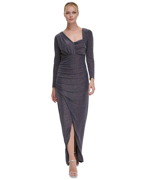 Women's Shimmer Asymmetric-Neck Side-Ruched Gown