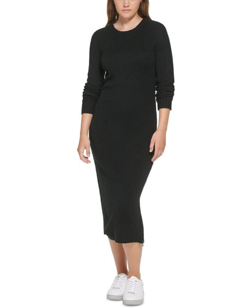 Women's Ribbed Long Sleeve Crewneck Side Slit Dress