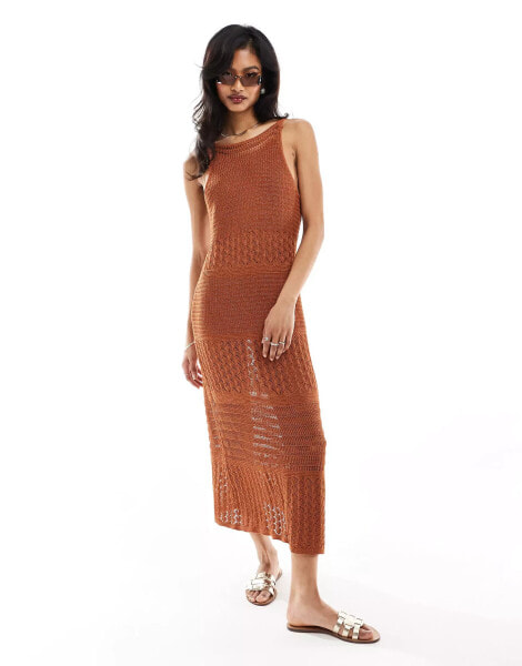 ASOS DESIGN knitted metallic midi dress with stitch detail in rust