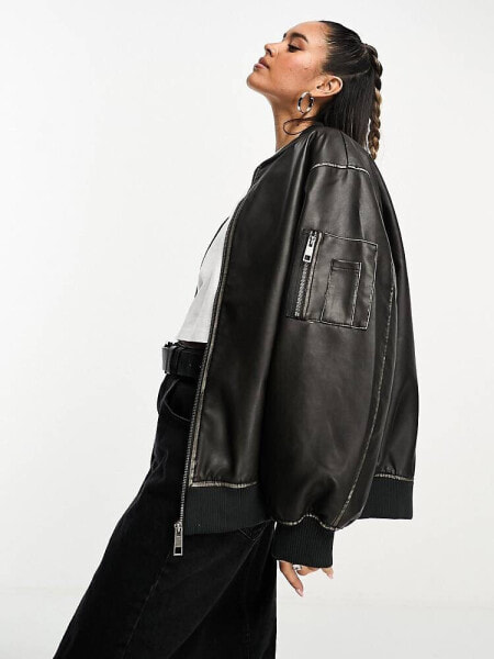 ASOS DESIGN washed faux leather bomber jacket in black