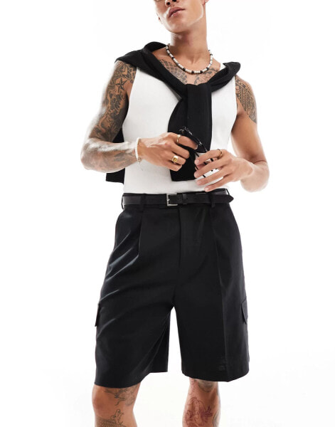 ASOS DESIGN – Elegante Cargo-Shorts aus Leinenmix in Schwarz