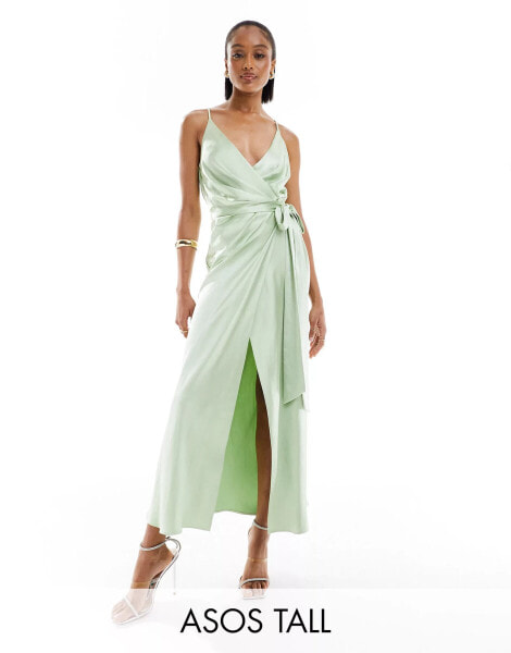 ASOS DESIGN Tall satin cami wrap midaxi dress in sage green