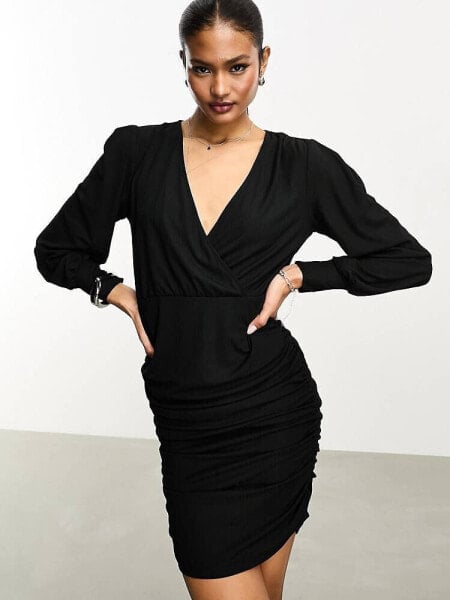 Vila stretch wrap bodycon mini dress in black