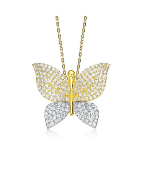 14k Yellow Gold and White Gold Plating with Cubic Zirconia Butterfly Pendant Necklace in Sterling Silver
