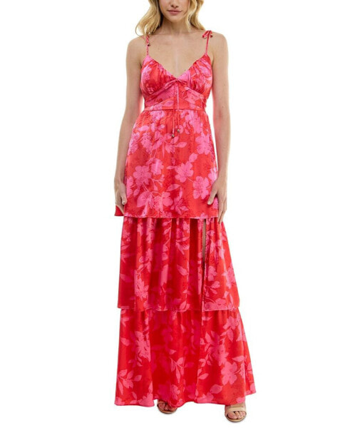 Juniors' Floral Tie-Strap Tiered Maxi Dress