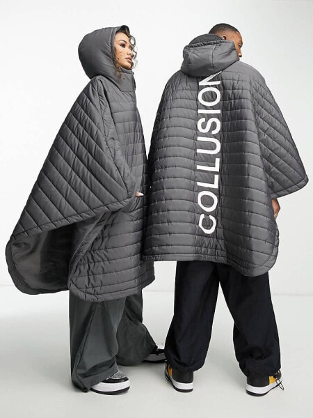 COLLUSION Unisex oversized branded quilted poncho in grey