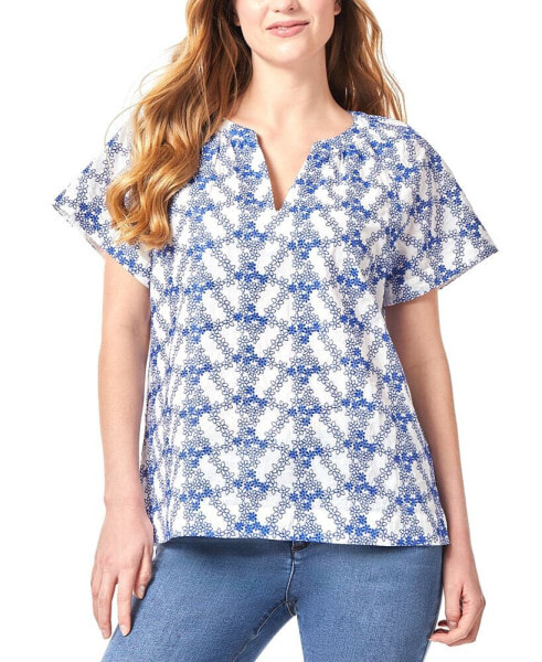 Women's Floral-Print Shirred-Neck Popover Blouse