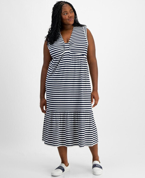 Plus Size Striped Sleeveless Midi Dress
