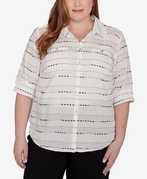 Plus Size Classic Biadere Button Front Top With Front Pockets