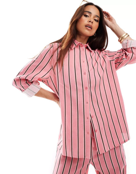 Wednesday's Girl striped long sleeve linen shirt in pink