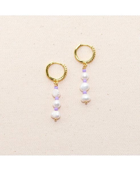 18K Gold Plated Freshwater Pearls with Purple Glass Beads - Taro Earrings For Women