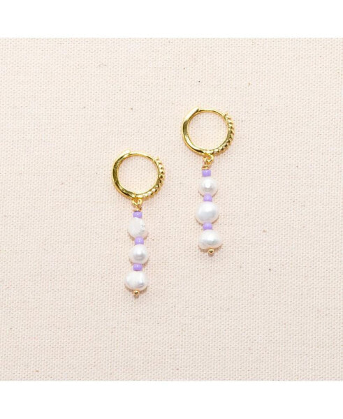 18K Gold Plated Freshwater Pearls with Purple Glass Beads - Taro Earrings For Women