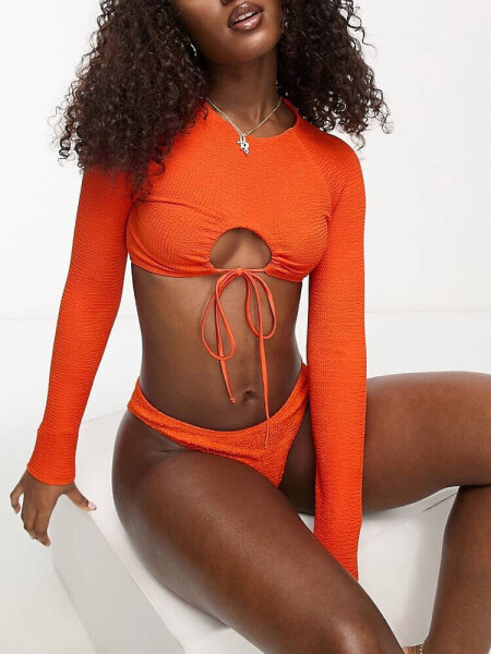 ASOS DESIGN mix and match crinkle long sleeve bikini top with keyhole tie back in deep orange
